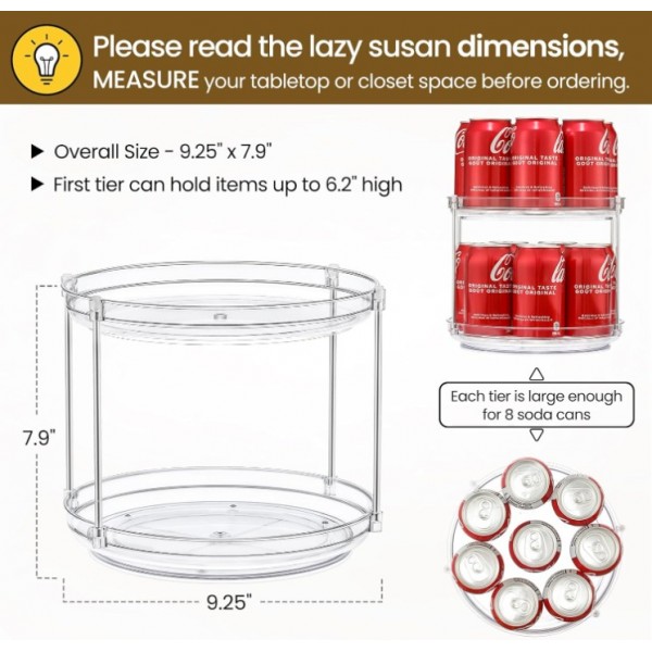 LANDNEOO 2 Tier Non-Skid Acrylic Lazy Susan Turntable Organizer - Rotating Spice Rack - Spinning Organization Tray for Kitchen, Pantry, Countertop, Closet, Bathroom, Vanity, Medicine Cabinet Organizing, 9.25''