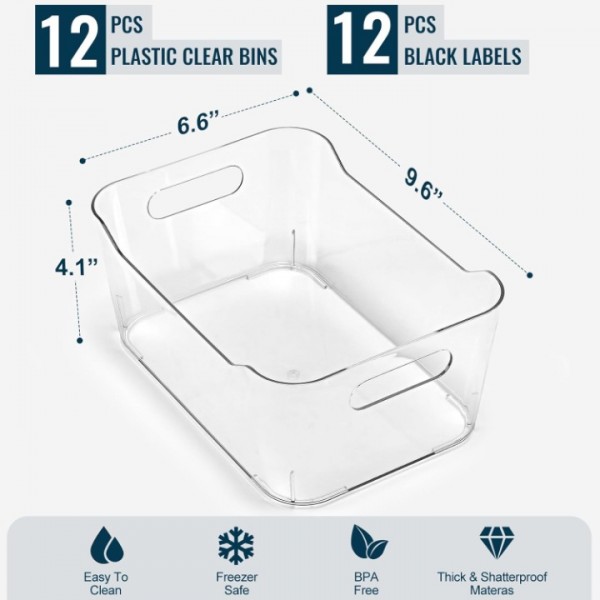 LANDNEOO 12 PACK Multiuse Clear Plastic Storage Bins for Organizing w/ Labels - Home, Kitchen, Bathroom, Office, Pantry Cabinet Shelf Organizer Bins - SOHO Collection, RV, Fridge Organization Containers