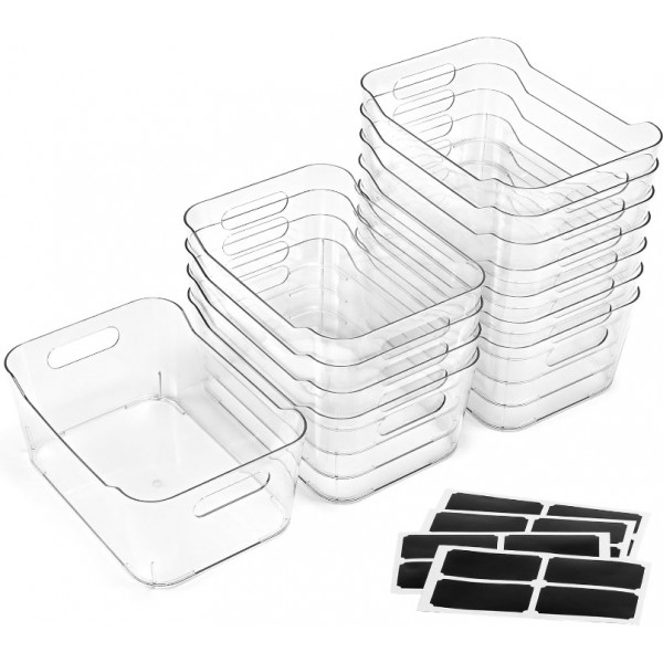 LANDNEOO 12 PACK Multiuse Clear Plastic Storage Bins for Organizing w/ Labels - Home, Kitchen, Bathroom, Office, Pantry Cabinet Shelf Organizer Bins - SOHO Collection, RV, Fridge Organization Containers