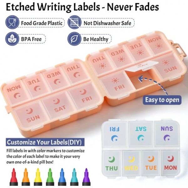 LANDNEOO NEW Foldable & Double Protection Portable Weekly Pill Organizer 2 Times A Day with Etched Labels, AM PM 7 Day Week Medicine Box, Daily Travel Pill Case Holder Dispenser for Vitamin, Supplement - Pink