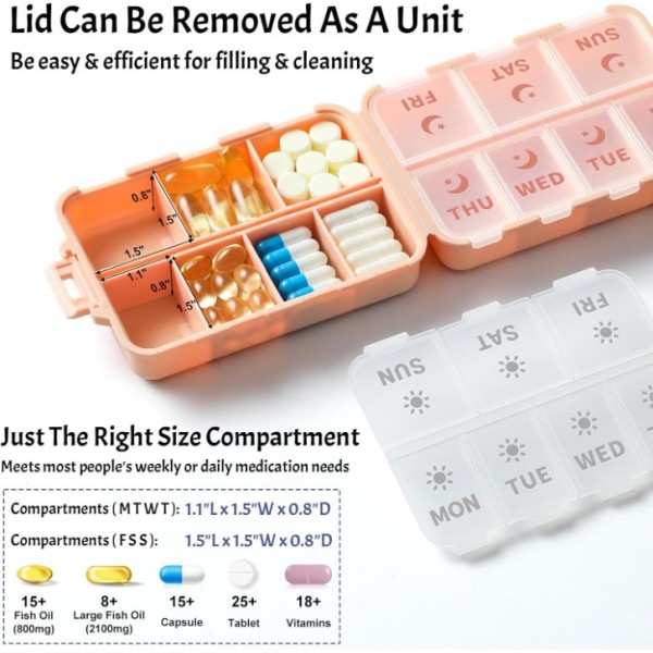 LANDNEOO NEW Foldable & Double Protection Portable Weekly Pill Organizer 2 Times A Day with Etched Labels, AM PM 7 Day Week Medicine Box, Daily Travel Pill Case Holder Dispenser for Vitamin, Supplement - Pink