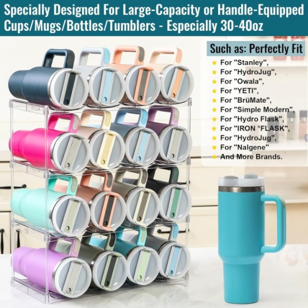 LANDNEOO Design for Stanley 40 OZ & Large Bottles & Tumblers with Handle - Acrylic Water Bottle Organizer - Stackable Clear Wine Rack Cup Holder for Home Kitchen Pantry Shelf Countertop Cabinet, 4 Tier Hold 16
