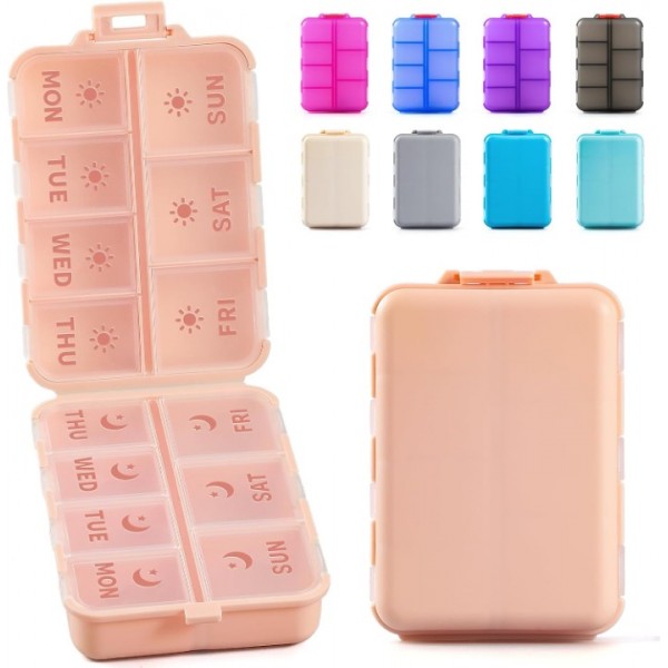 LANDNEOO NEW Foldable & Double Protection Portable Weekly Pill Organizer 2 Times A Day with Etched Labels, AM PM 7 Day Week Medicine Box, Daily Travel Pill Case Holder Dispenser for Vitamin, Supplement - Pink