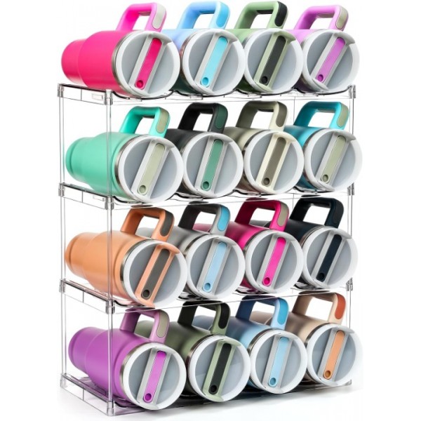 LANDNEOO Design for Stanley 40 OZ & Large Bottles & Tumblers with Handle - Acrylic Water Bottle Organizer - Stackable Clear Wine Rack Cup Holder for Home Kitchen Pantry Shelf Countertop Cabinet, 4 Tier Hold 16