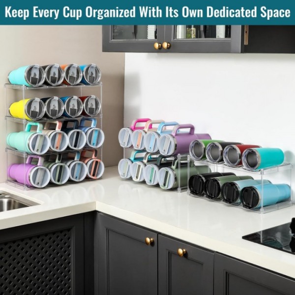 LANDNEOO Design for Stanley 40 OZ & Large Bottles & Tumblers with Handle - Acrylic Water Bottle Organizer - Stackable Clear Wine Rack Cup Holder for Home Kitchen Pantry Shelf Countertop Cabinet, 4 Tier Hold 16